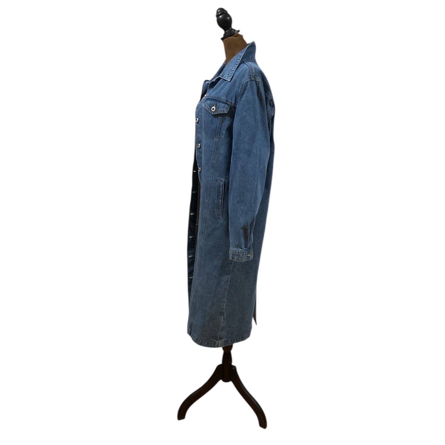Button Down Denim Duster Adorned with Large Red Dragon