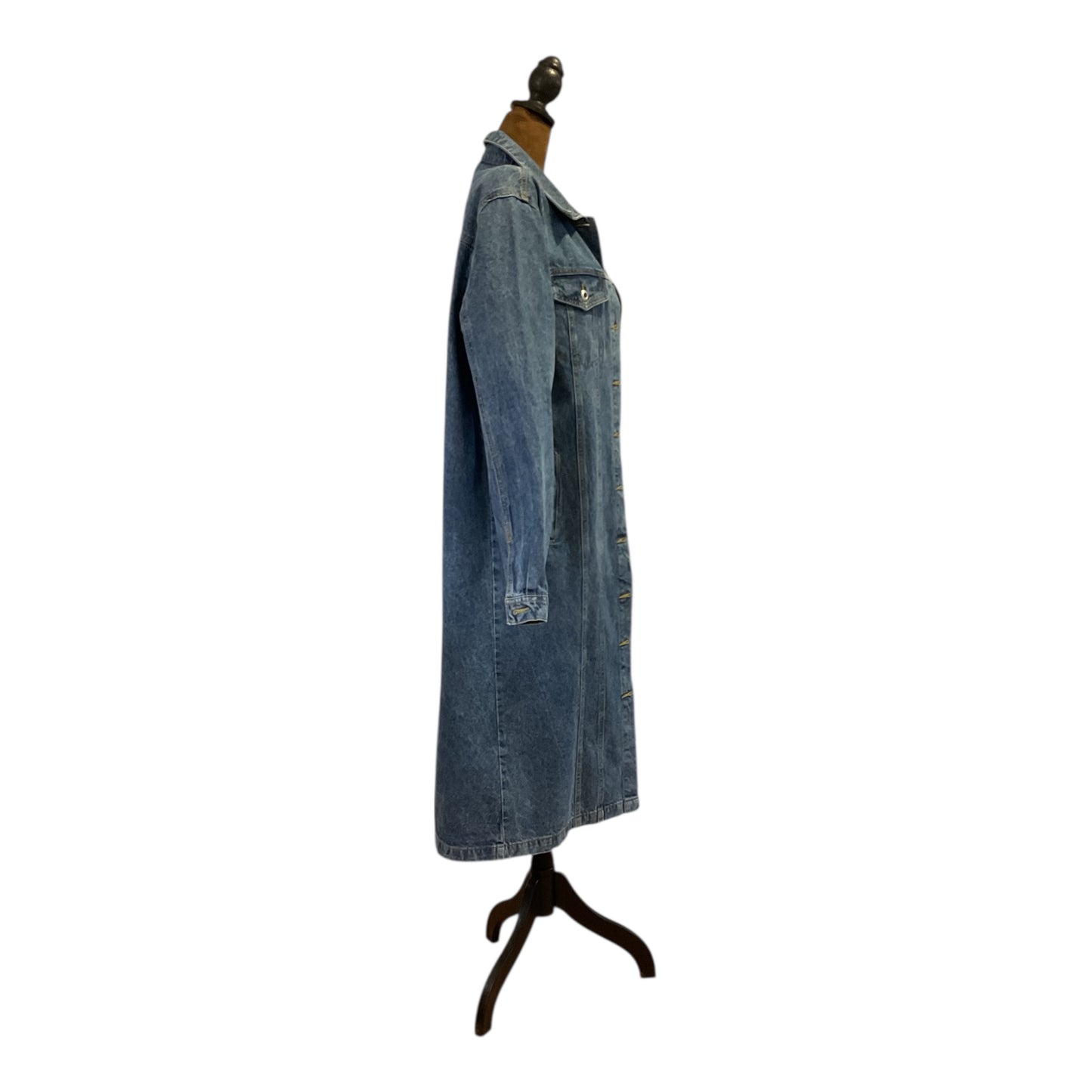 Button Down Denim Duster Adorned with Extra Large Silver-Hued, White Dragon