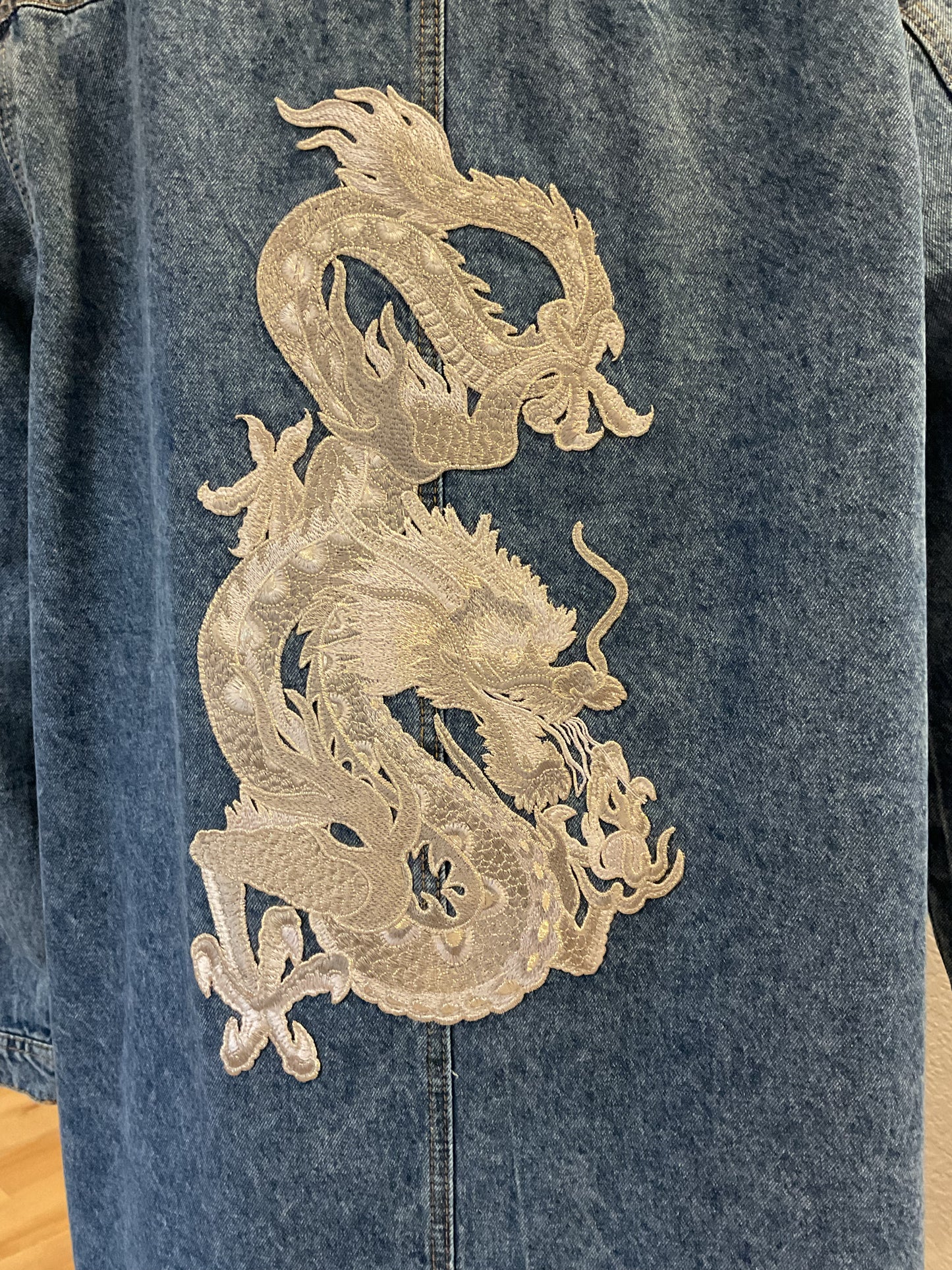 Button Down Denim Duster Adorned with Extra Large Silver-Hued, White Dragon