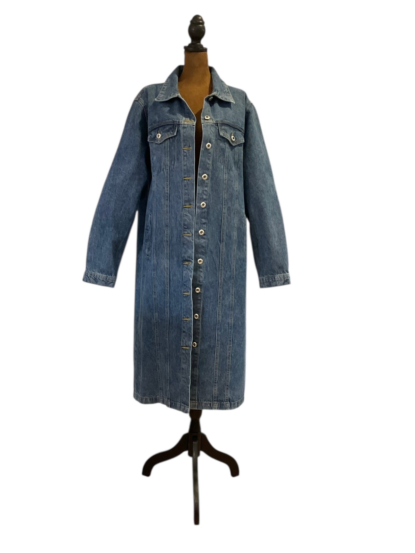 Button Down Denim Duster Adorned with Extra Large Silver-Hued, White Dragon