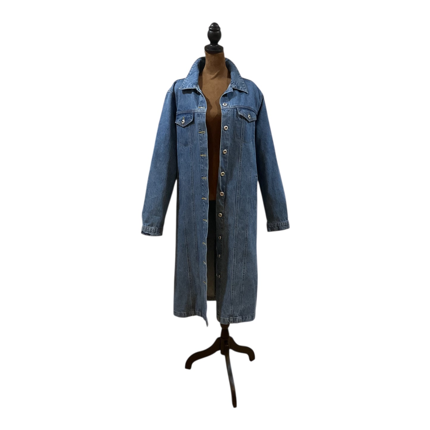 Button Down Denim Duster Adorned with Large Red Dragon