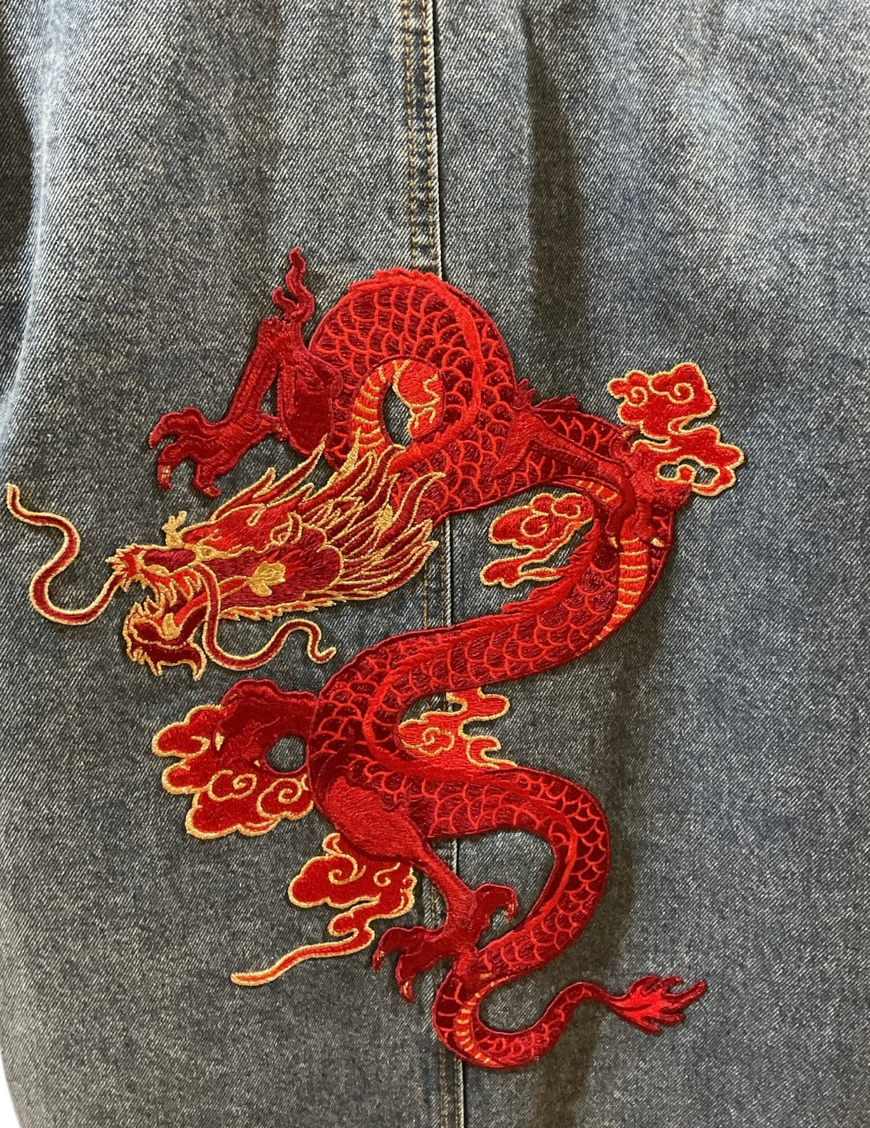 Button Down Denim Duster Adorned with Large Red Dragon