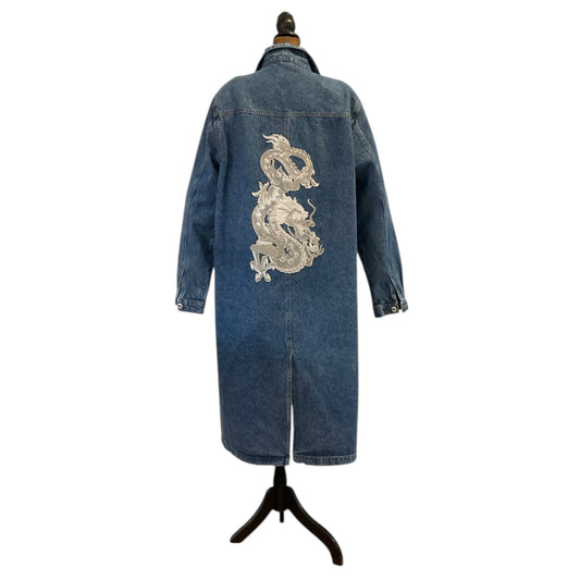 Button Down Denim Duster Adorned with Extra Large Silver-Hued, White Dragon